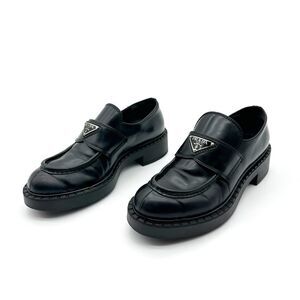 PRADA Black Lug Sole Loafer Size 37.5 Platform Monolith Leather Chunky Heel Logo
